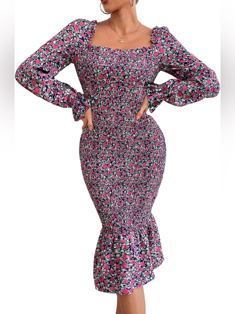 Women’s Pink and Blue Floral Smocked Midi Dress